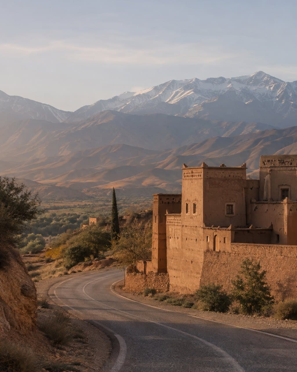 Strada tra architetture in terra cruda e montagne dell'Atlante in Marocco
